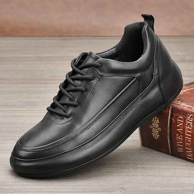 Genuine Leather Men's Casual Shoes Round Toe Lace Up Anti Slip Platform Rubber Sole All Seasons Chunky Shoes