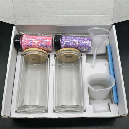 16 oz Snow Globe Glass Tumbler DIY Kit Supplies with UV DTF Cup Wraps Glitter Glass Bottle for Holiday Craft Gifts US Warehouses