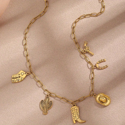 1 Stylish Vintage Western Cowboy Stainless Steel Necklace Rope Chain-Women's Party Jewelry Featuring Cowboy Boots Gun Pendant