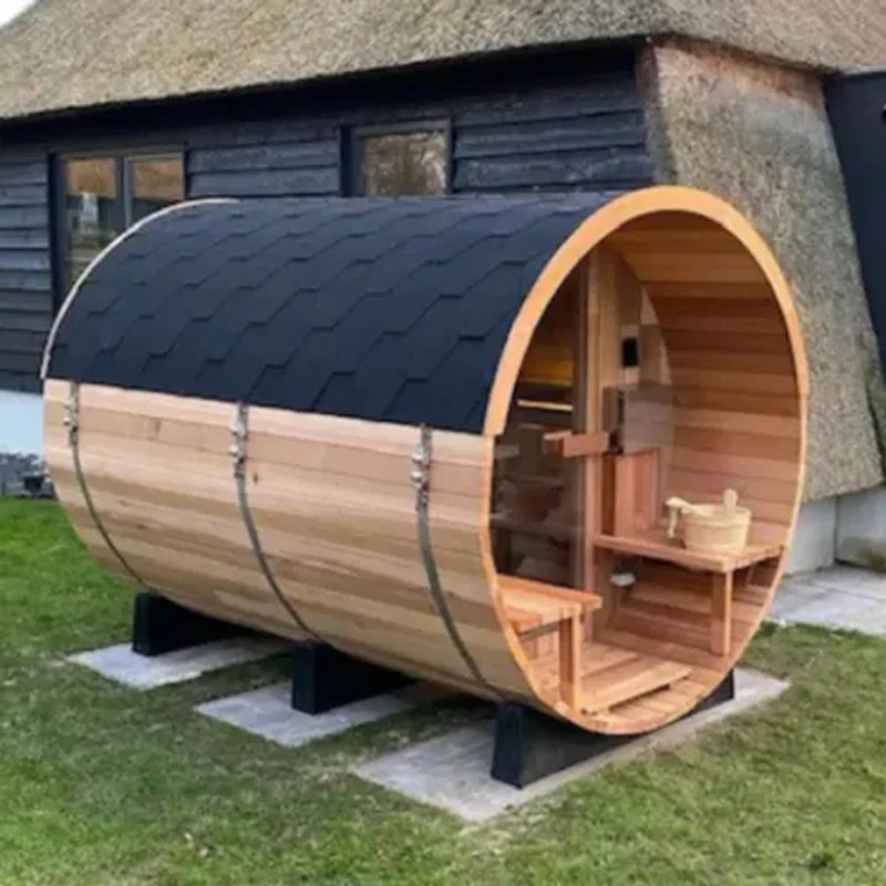 Wholesale Price Custom 4-6 Persons Outdoor Barrel Sauna Red Cedar Wooden Barrel Sauna Room with Harvia Stove