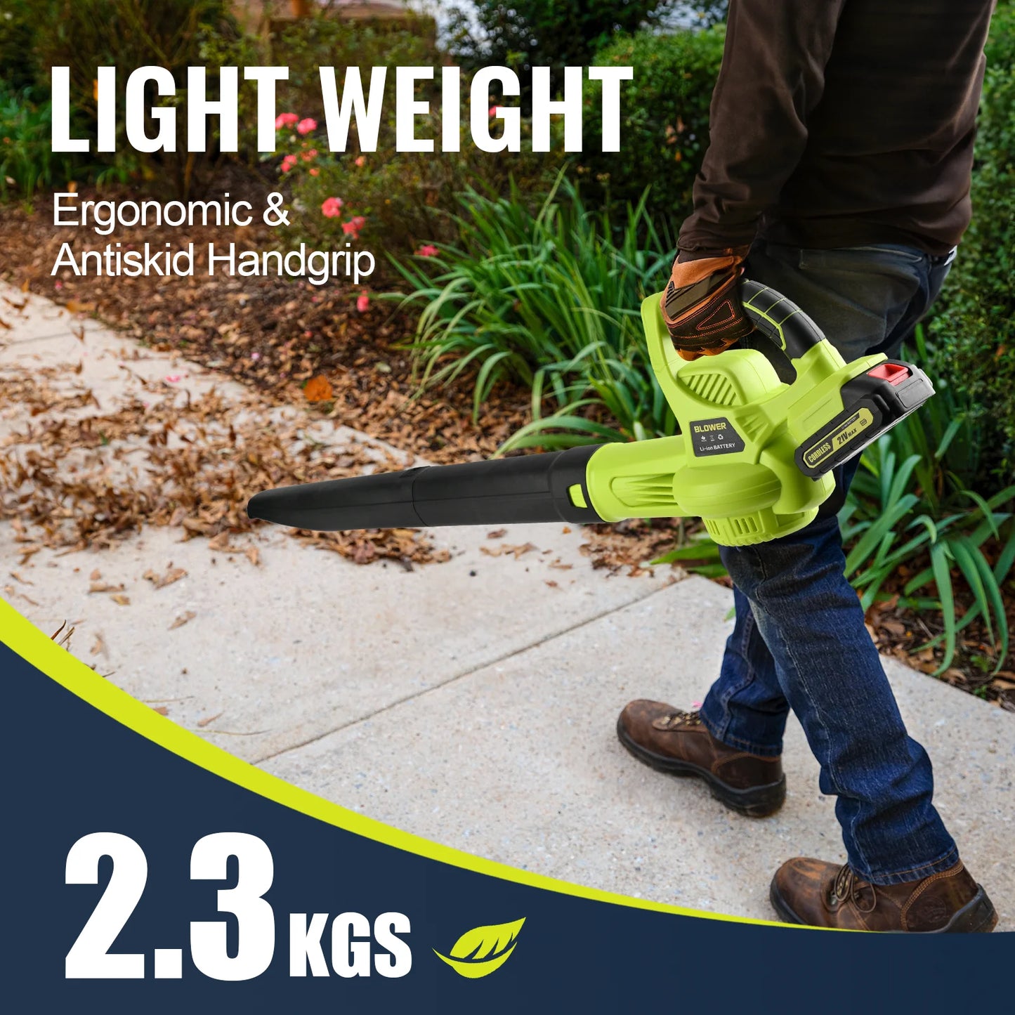 Green 21V Cordless Leaf Blower Efficient And Powerful With 2 Battery And Charger Used For Cleaning Dust And Fallen Leaves