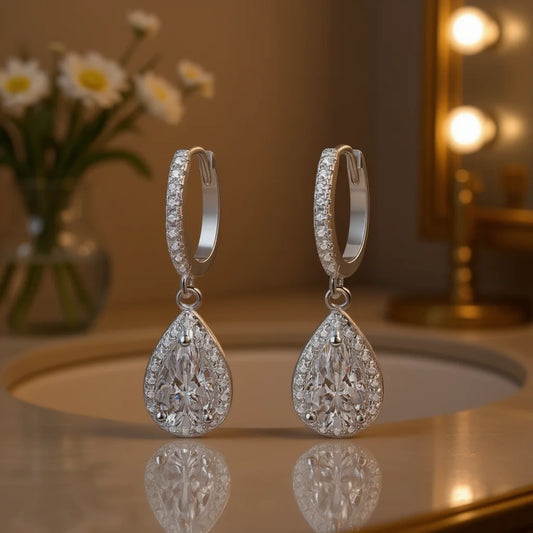 White Gold Pear Cut Zircon Drop Earrings Rhodium Plated Women's Wedding Classic Fashion Jewelry by PDG ibma