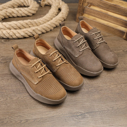 Leather Lace-up Men's Casual Shoes Round Toe Breathable EVA Sole Summer 38-44 Genuine Leather Lining