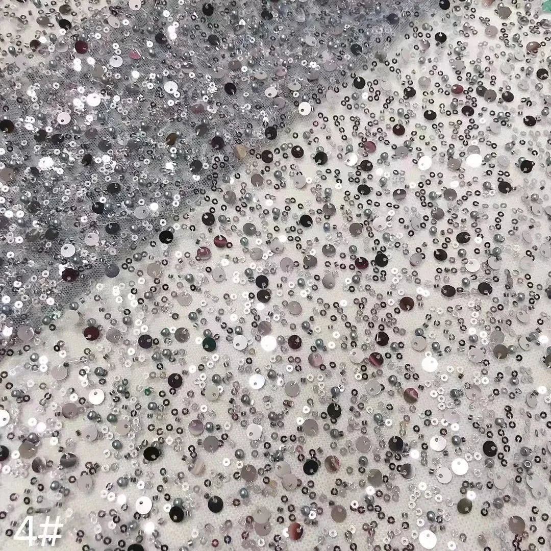 Width 130 cm Polyester Sparkly Sequins Embroidery Beads Mesh Fabric Heavy Tulle Lace Fabric for Wedding Dress Curtain