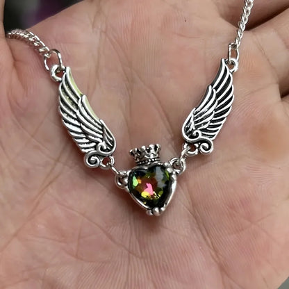 Minimalist Crown & Wing Pendant Sweater Necklace - Unisex Luxury Design With Heart Detail Artificial Crystal