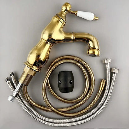 Brass French Retro Style Pull-Out Basin Faucet Hotel Bathroom Cabinet Ceramic Handle Hot and Cold Mixer Tap  BF0428