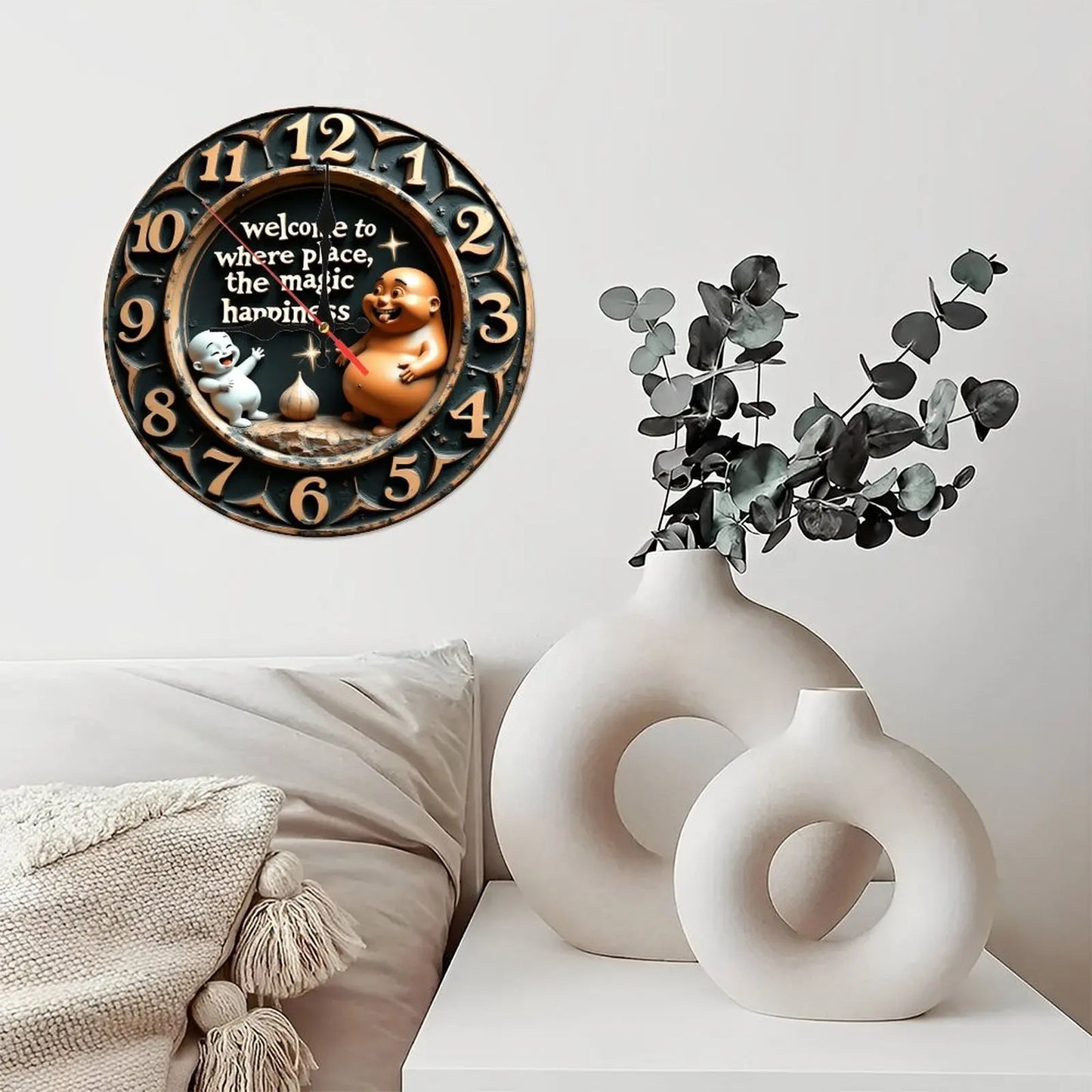 10-Inch Wood Wall Clock for a Writer with a Quill Pen and Inkwell