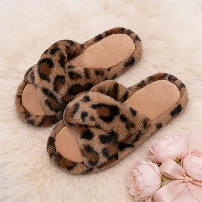 XIXITIAO Women's Leopard Print Faux Fur Slippers Plush Lined Open Toe Slip-On House Shoes with EVA Sole for Indoor Outdoor