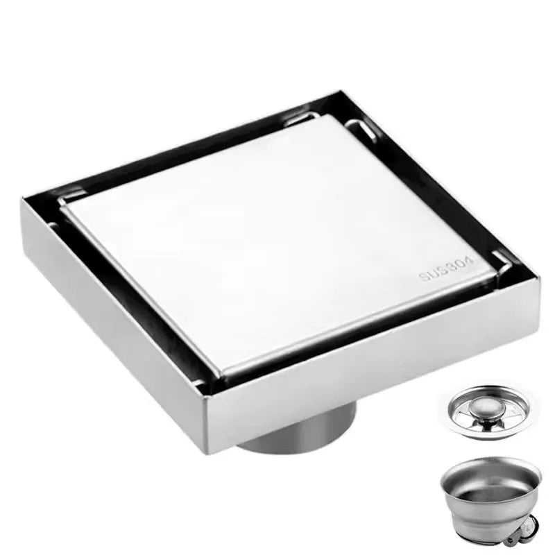 Brushed 4-Inch Square Stainless Steel Shower Floor Drain Invisible Brushed Grate Cover Strainer Tile Insert Bathroom Drainer