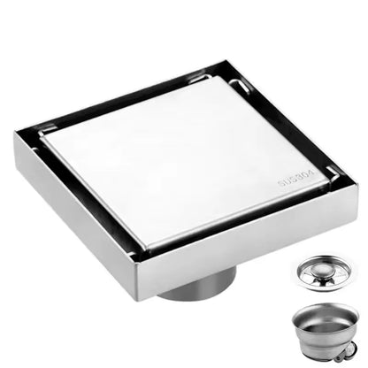 Brushed 4-Inch Square Stainless Steel Shower Floor Drain Invisible Brushed Grate Cover Strainer Tile Insert Bathroom Drainer