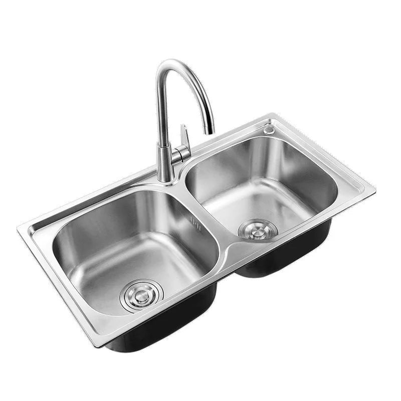 Stainless Steel Kitchen Sink Thickened Double Basin Rectangular Bowl Counter Dual-Hole Vegetable Washing Pool