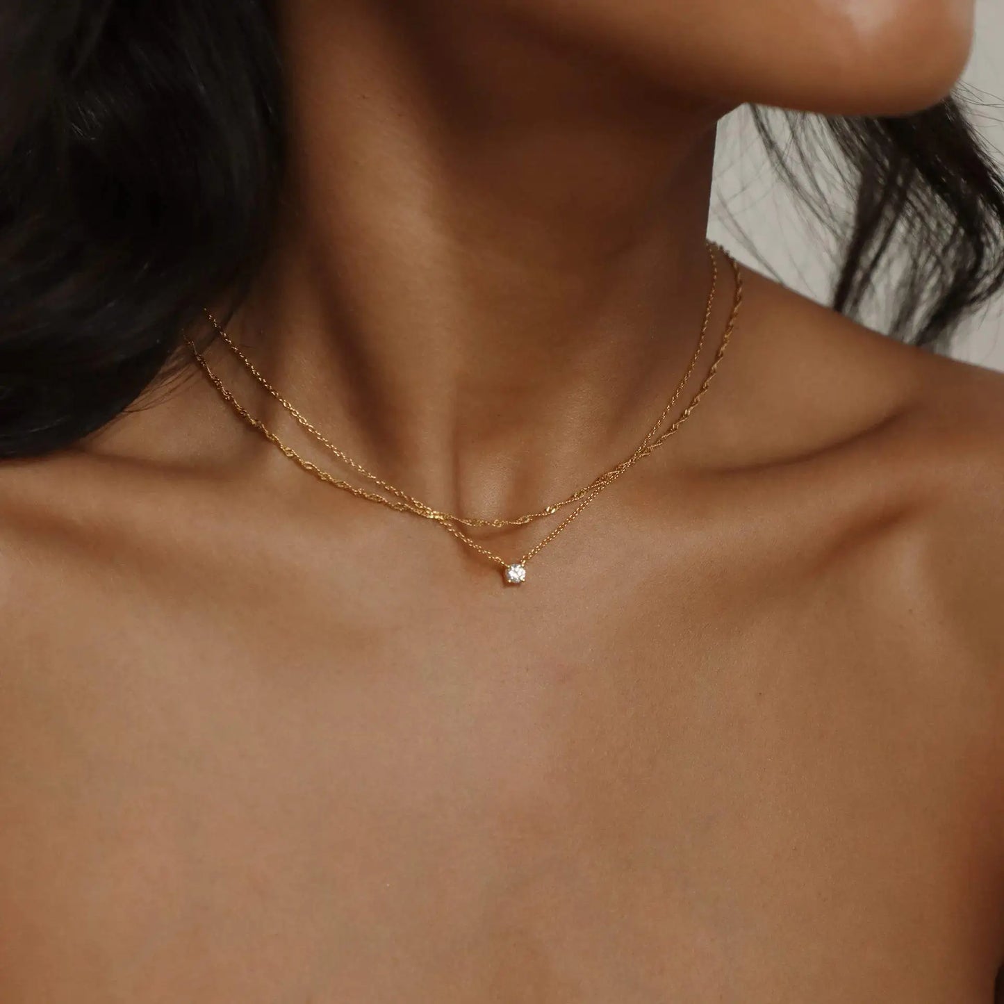 Simple Hypoallergenic Women's Necklace Stainless Steel Wave Cross Chain 14K Gold Plated Double Layer CZ Zircon Necklace
