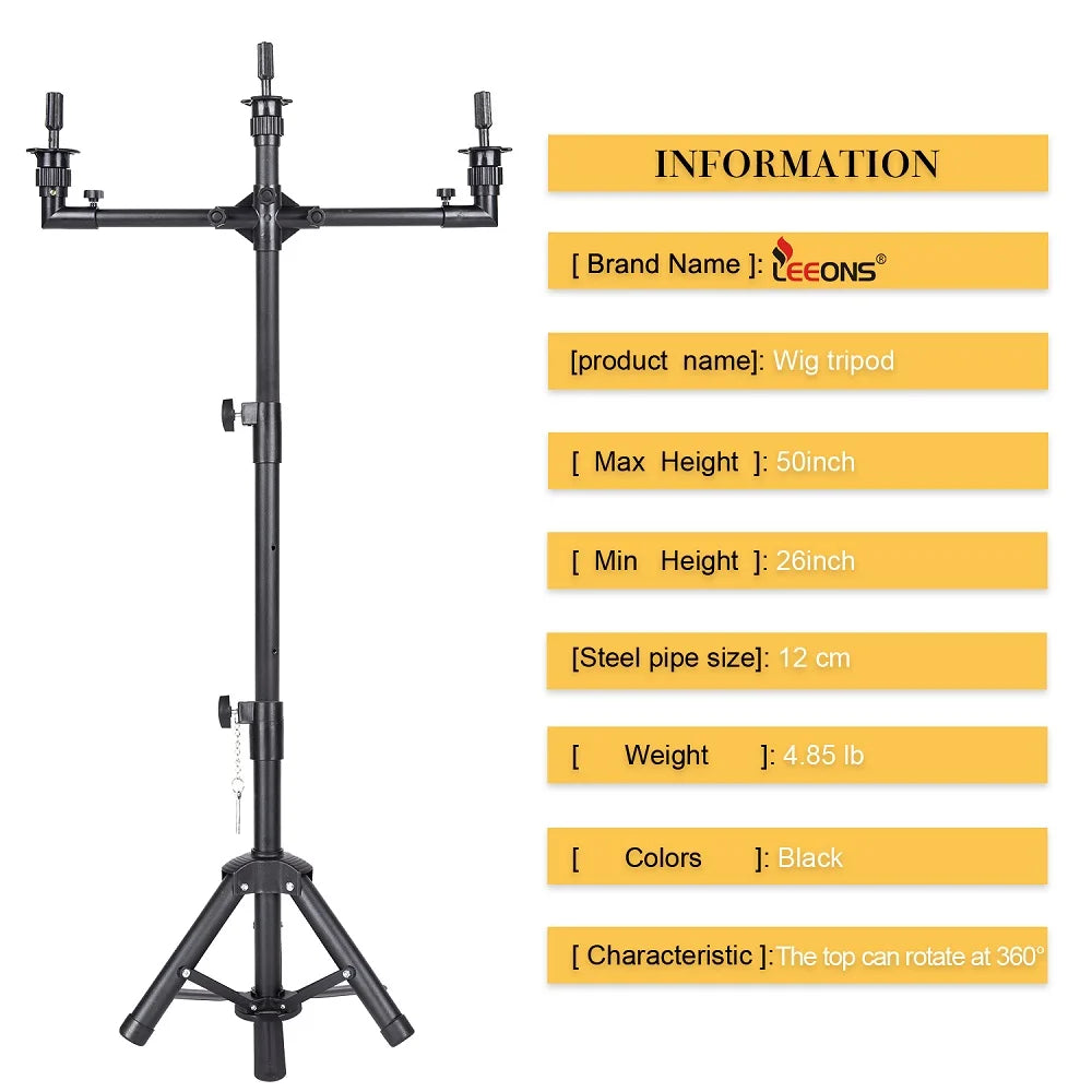 Space-Saving 3-Head Wig Tripod Stand Adjustable Professional Salon Mannequin Stand 50" for Multiple Wigs Display