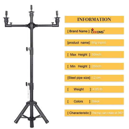 Space-Saving 3-Head Wig Tripod Stand Adjustable Professional Salon Mannequin Stand 50" for Multiple Wigs Display