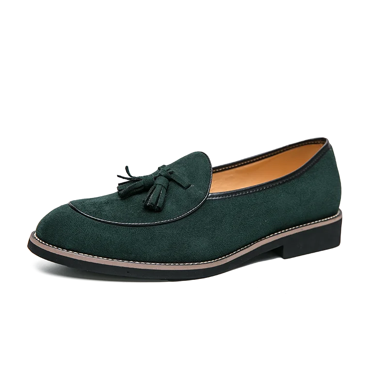 Green Color Faux Suede Breathable Logo Custom Available Wholesale Tassels Loafers Shoes for Men