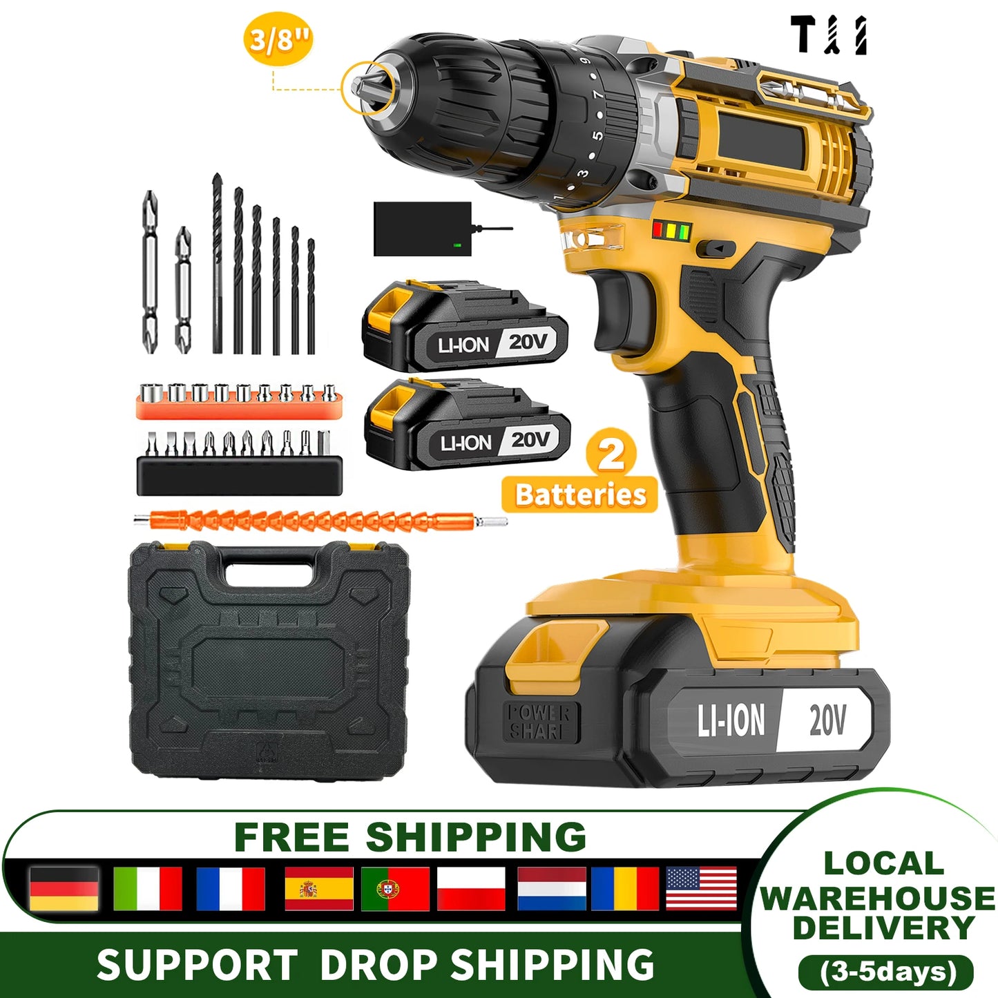 20V Cordless Impact Drill Electric Screwdriver Set Variable Speed Max Drilling Diameter 30mm Local US Warehouse