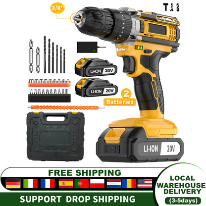 20V Cordless Impact Drill Electric Screwdriver Set Variable Speed Max Drilling Diameter 30mm Local US Warehouse
