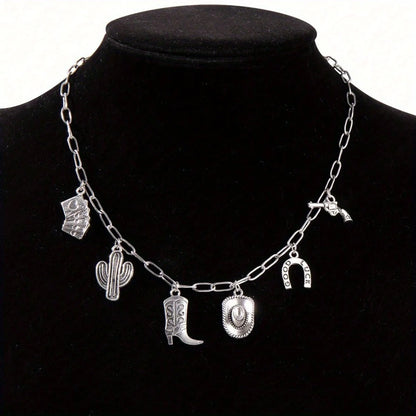 1 Stylish Vintage Western Cowboy Stainless Steel Necklace Rope Chain-Women's Party Jewelry Featuring Cowboy Boots Gun Pendant