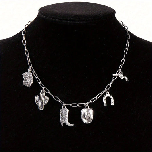 1 Stylish Vintage Western Cowboy Stainless Steel Necklace Rope Chain-Women's Party Jewelry Featuring Cowboy Boots Gun Pendant