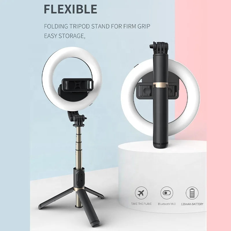 Q07 Selfie Stick Tripod with 6 Inch 3 Color Temperature Ring Light 798mm Foldable for Video Vlog