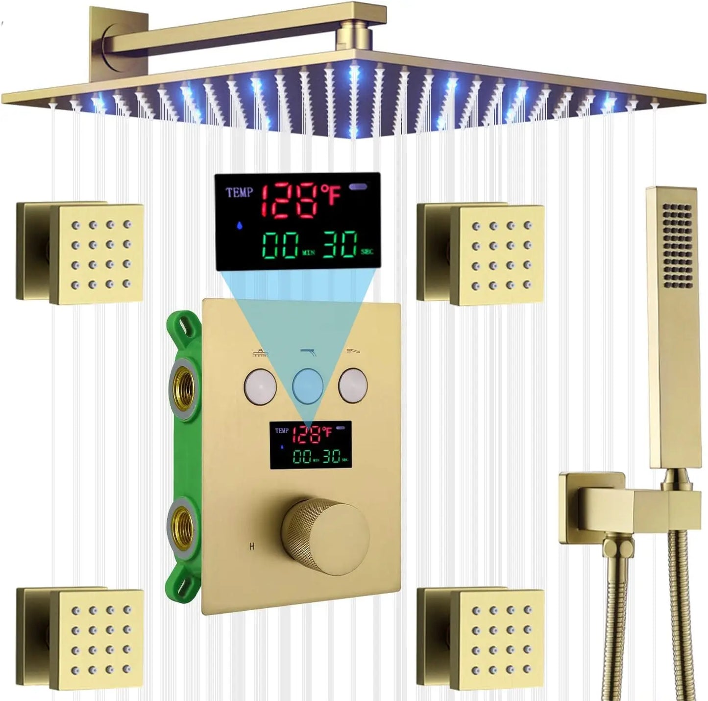 Brushed Gold Shower Body Sprays System 12 Inch LED Wall Mounted Rain Shower Head System Digital Display Thermostatic Shower Set