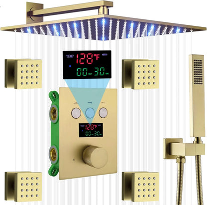 Brushed Gold Shower Body Sprays System 12 Inch LED Wall Mounted Rain Shower Head System Digital Display Thermostatic Shower Set