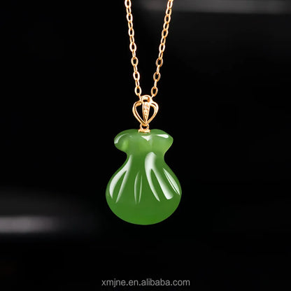 Certified Grade a Natural Spinach Green Hotan Jade Green Jade Lucky Bag Money 18K Gold Inlaid Jade Necklace Pendant Lady