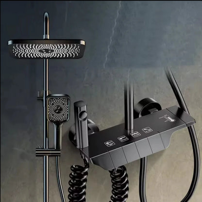 Deao 2024 New Designer Exposed Gray Color 4 Push Button Piano Key Digital Shower Faucet Mixer Set With Rainfall Shower Head