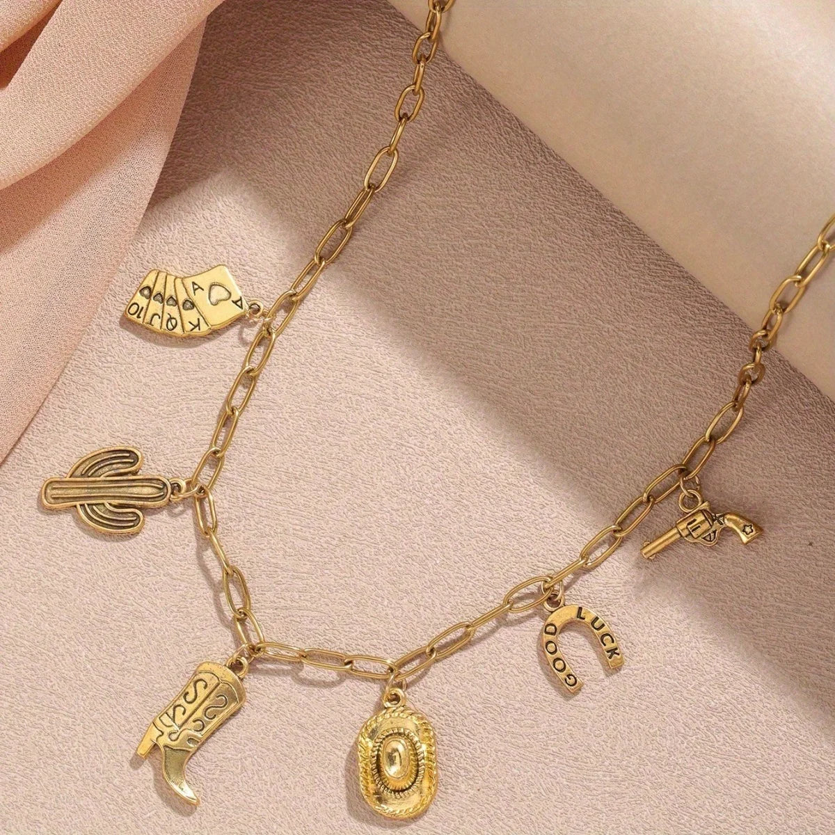 1 Stylish Vintage Western Cowboy Stainless Steel Necklace Rope Chain-Women's Party Jewelry Featuring Cowboy Boots Gun Pendant