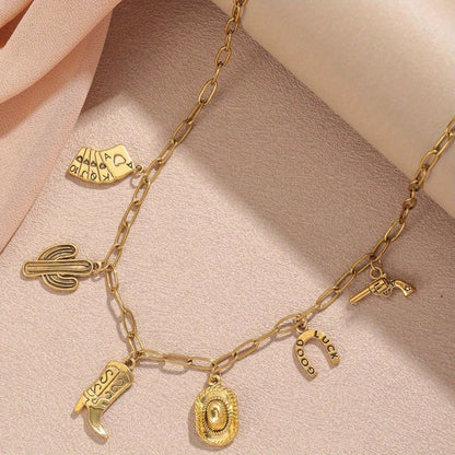 1 Stylish Vintage Western Cowboy Stainless Steel Necklace Rope Chain-Women's Party Jewelry Featuring Cowboy Boots Gun Pendant