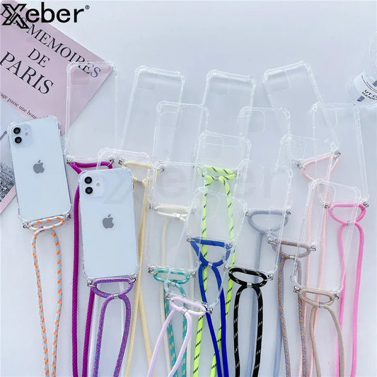 Necklace Lanyard Strap Chain Phone Case For iPhone 16 15 14 13 Pro Max 12 11 XS X XR Mini 7 8 Plus Transparent Soft Rope Cover