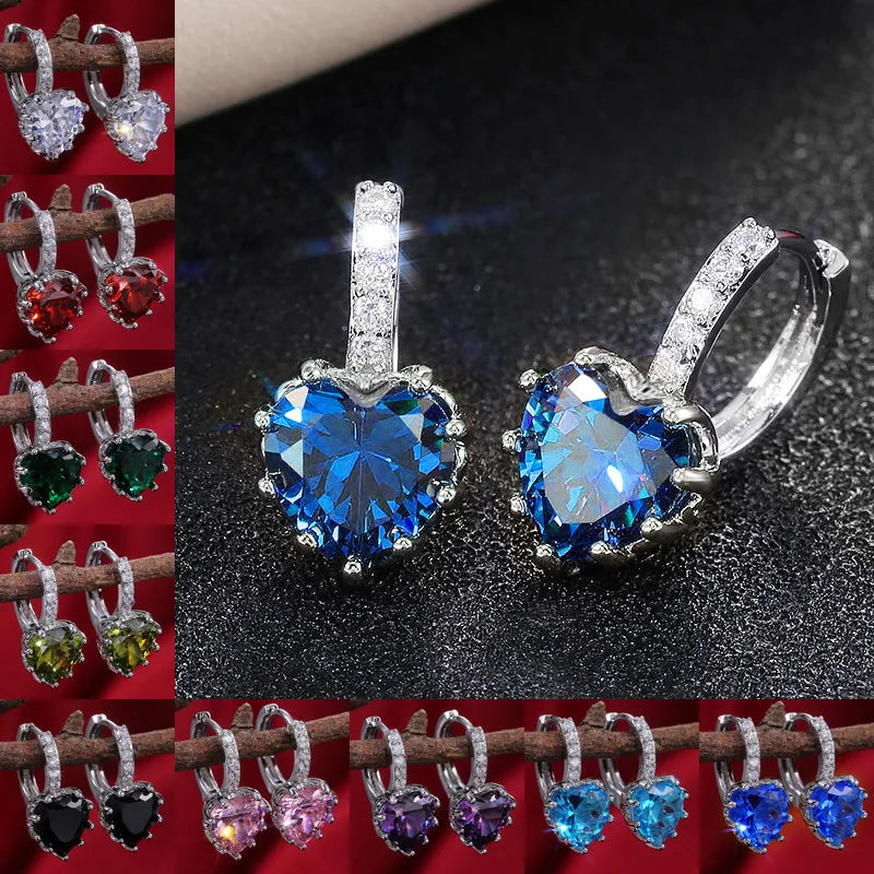 Romantic Heart Crystal Drop Earrings For Women Zinc Alloy Claw Setting Everyday Wear Blue Rhinestone Jewelry