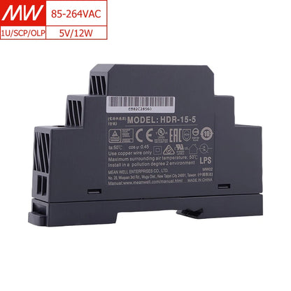 Mean Well HDR-15-5 5V 2.4A 15W Single Output DIN Rail Power Supply - Compact, Reliable for Industrial Automation and More