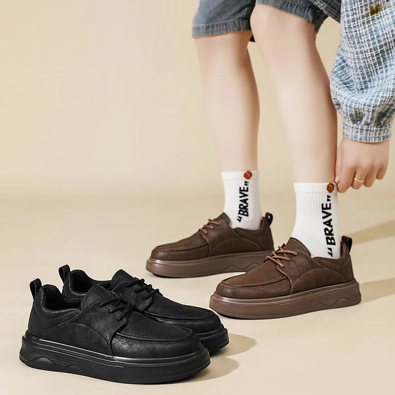 Retro Leather Boat Shoes Solid Round Toe Rubber Outsole EVA Midsole Cushioned All Seasons Men's Casual Work