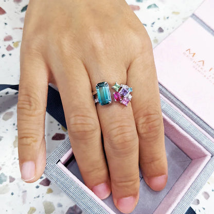 Q466 Women's Cocktail Ring Natural Aquamarine Emerald Cut Prong Setting Wedding Engagement Fashion Geometric Design