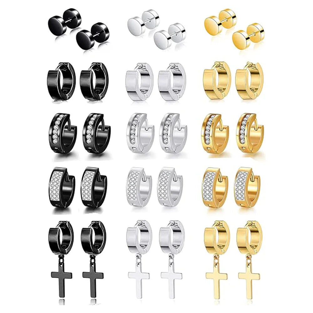 ZF 15 Pairs Stainless Steel Dangle Hinged Hoop Huggie CZ Stud Earrings Set for Men Women Piercing Jewelry Silver Black Gold Tone