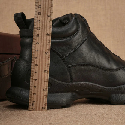 Men's Cow Leather Walking Shoes Solid Round Toe Low Heel Plush Lining Insulative Buckle Design Autumn Winter Fashion Casual