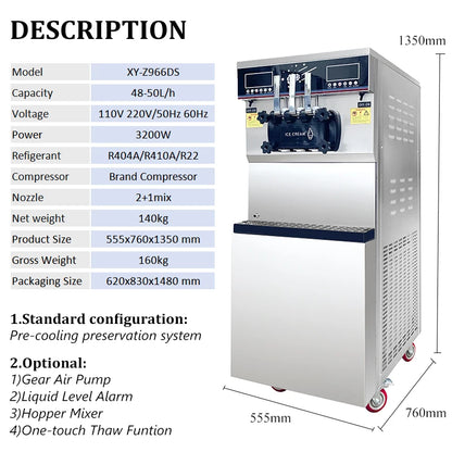 Icecream Machine 48-50L/H Double System Soft Serve Ice Cream Making Maker Maquina De Helado Commercial Ice Cream Machine