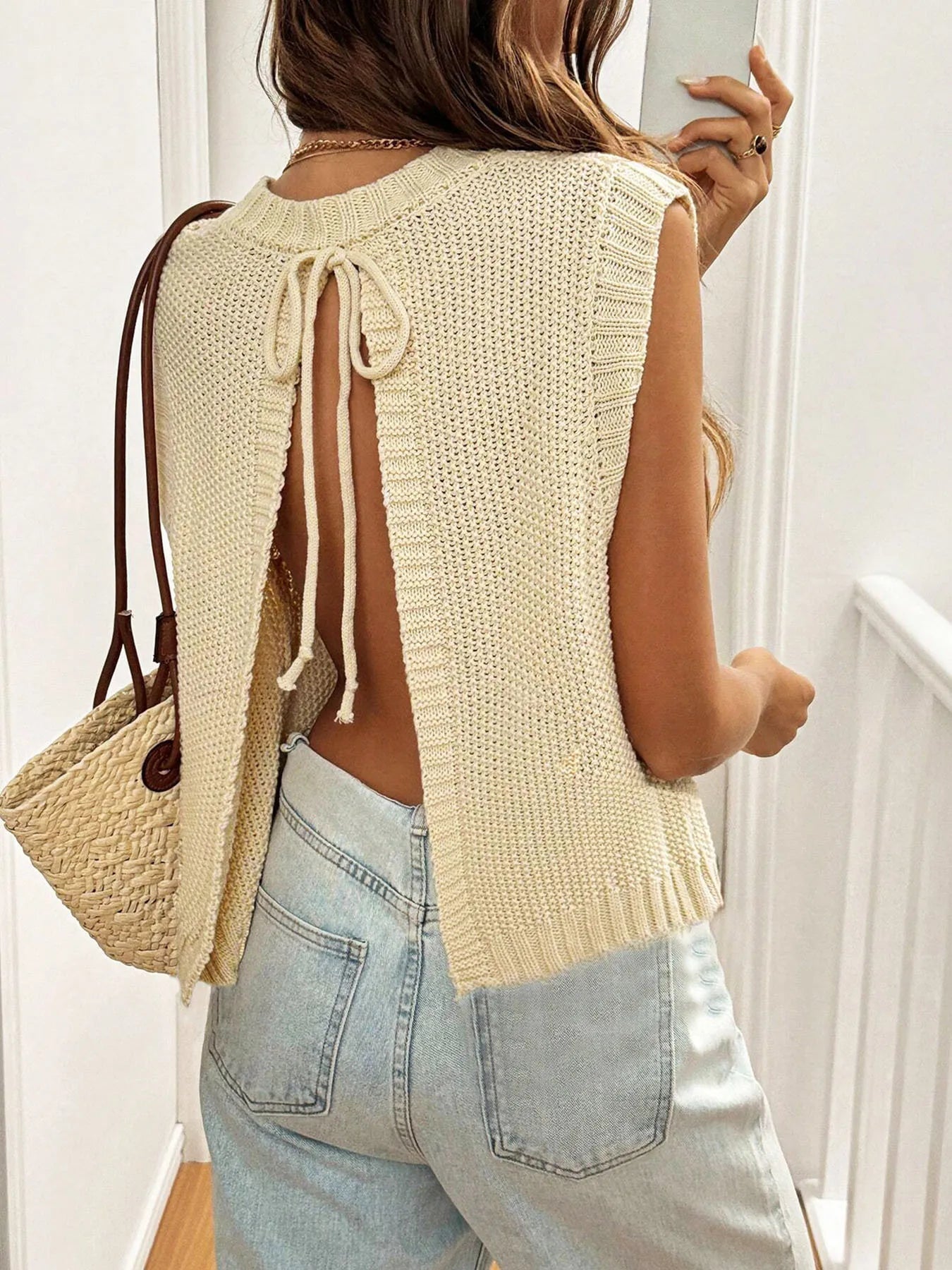 Women's Vintage Ice Silk Knitted Vest Spring Summer Casual Cross-Border Fashion Solid Layered Sleeveless Top Apricot Thin