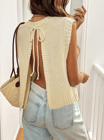 Women's Vintage Ice Silk Knitted Vest Spring Summer Casual Cross-Border Fashion Solid Layered Sleeveless Top Apricot Thin