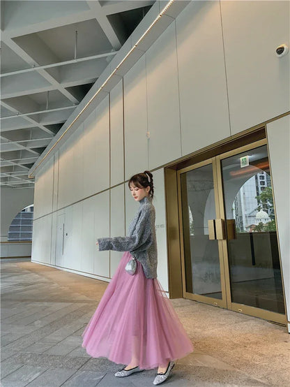 TingYiLi Elegant Tulle Skirt Autumn Winter Big Swing Women Skirt Korean Cute Pink Green Gray Blue Brown Black Long Skirt Tutu