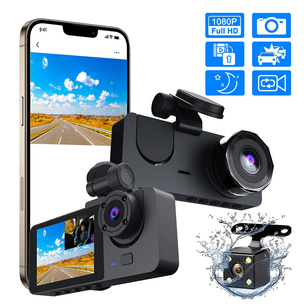 2-Inch IPS Screen Dashcam 1080P HD 140 Degree 3 Lens Loop Recording Waterproof Front Rear Car Recorder DVR