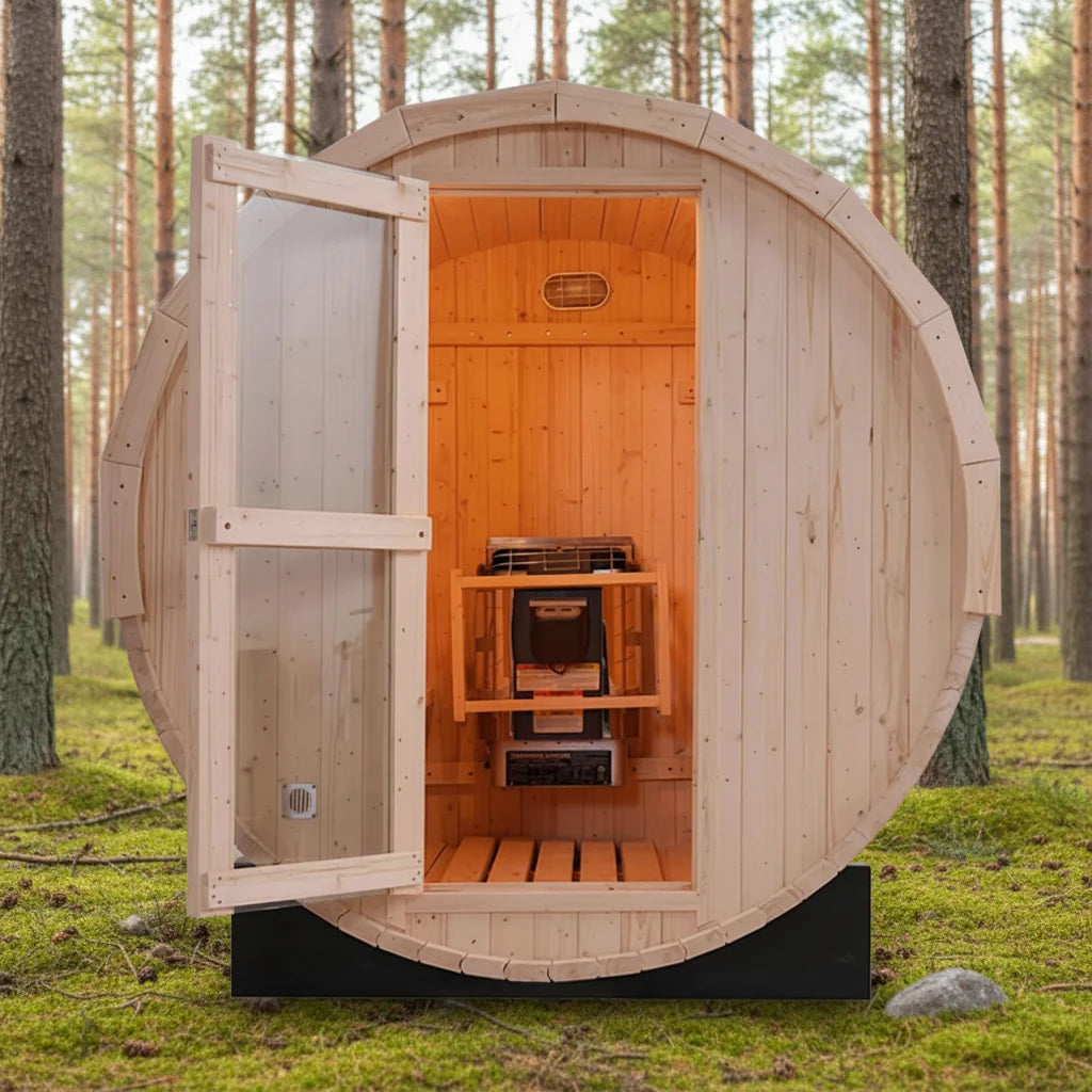 Spacious 4-Person Outdoor Barrel Sauna with Aromatherapy for Home Wellness