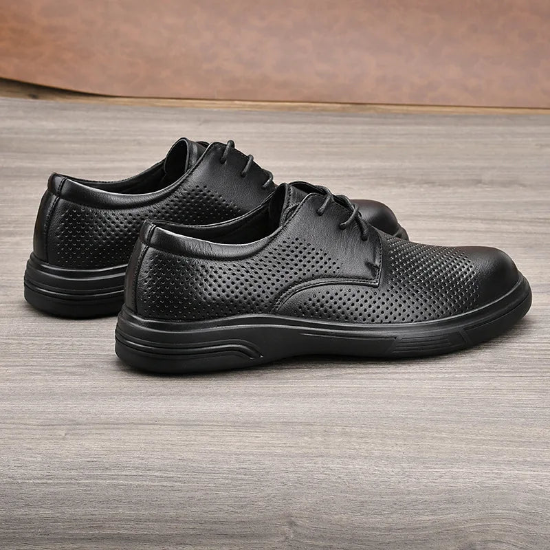 Men Summer Breathable Cow Leather Lace-up Round Toe Boat Shoes Solid Color Rubber Outsole EVA Midsole