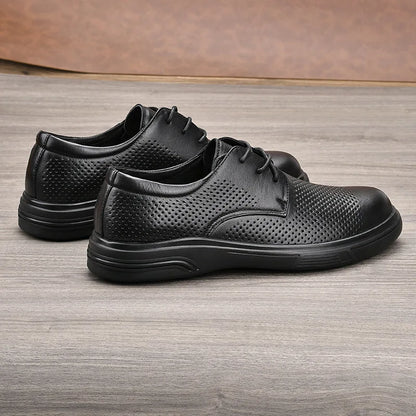 Men Summer Breathable Cow Leather Lace-up Round Toe Boat Shoes Solid Color Rubber Outsole EVA Midsole