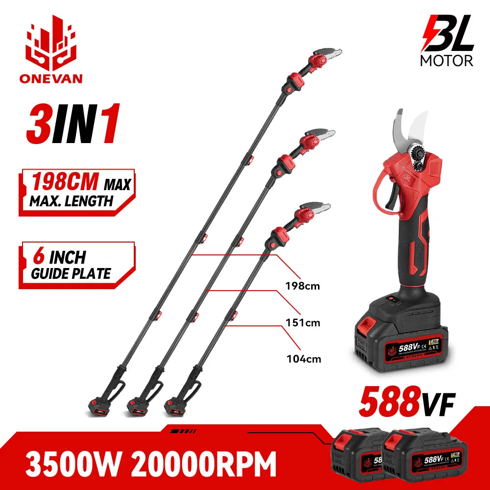 ONEVAN Brushless Garden Tool Set Electric Pruning Shear Battery Cordless Chainsaw with Tree Branches Pole Saw Telescopic