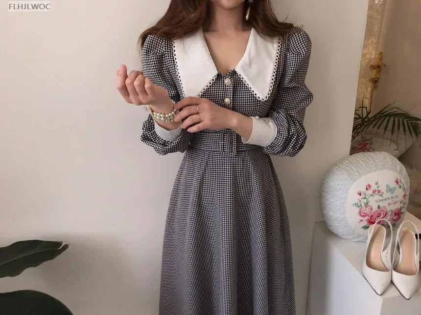 2021 Autumn Spring Basic Belt Plaid Shirt Dress Long Maxi Feminine Vestidos Chic Korea Design Clothes