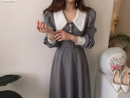 2021 Autumn Spring Basic Belt Plaid Shirt Dress Long Maxi Feminine Vestidos Chic Korea Design Clothes