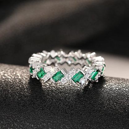 T0202 Emerald Silver Ring Geometric Design Engagement Unisex Jewelry