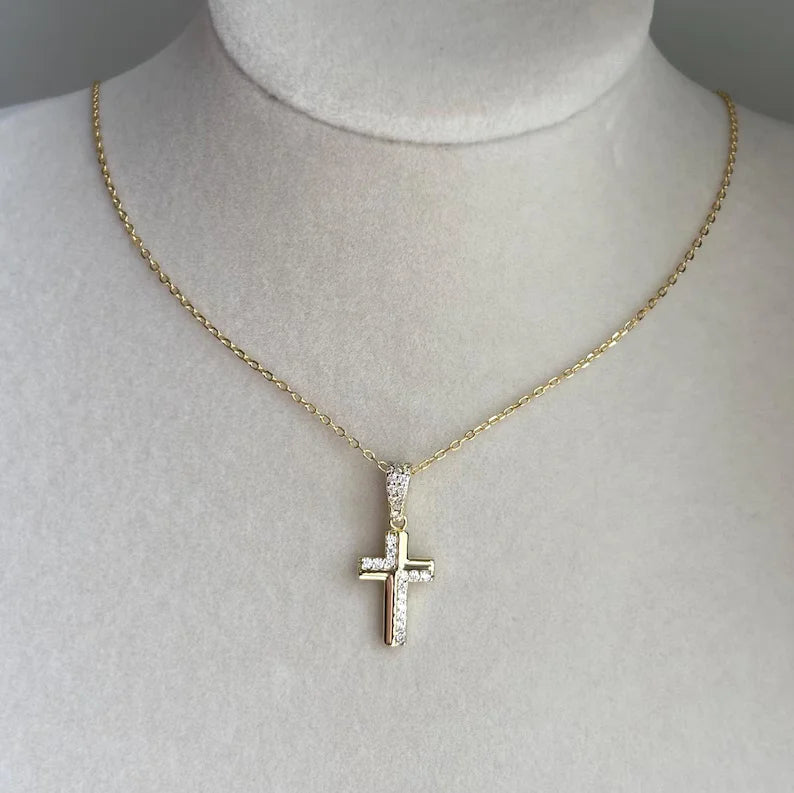 Minimalist 0.12ctw Moissanite Pave Cross Necklace Christian Religious Pendant 14K Gold Plated Cross Charm for Party Occasions